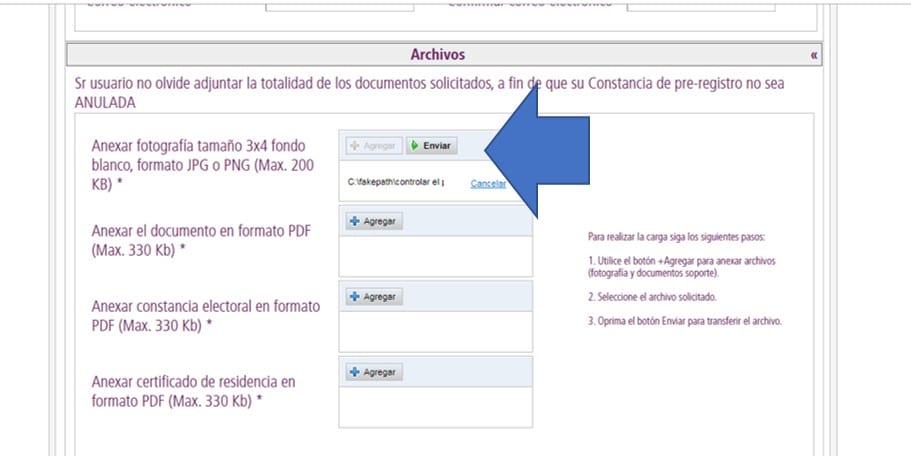 Captura de pantalla de la plataforma de carga de datos para obtener la Tarjeta de Movilidad Fronteriza (TMF).